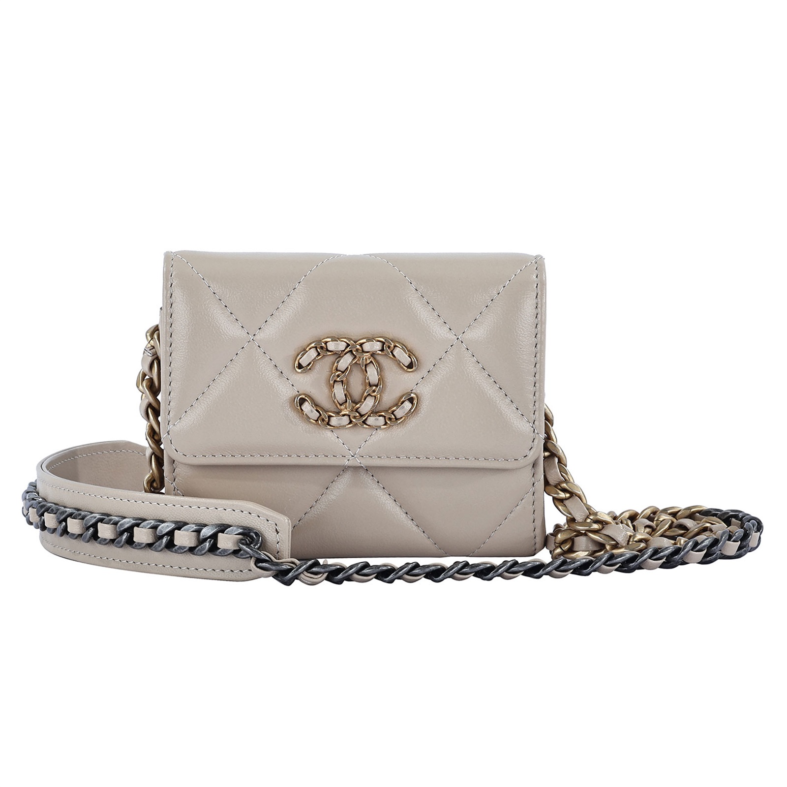 CHANEL●シャネル19 クロスバック AP1787 香奈兒CHANEL 19 woc 斜背零錢口蓋包AP1787 32開米白19皮夾鏈包