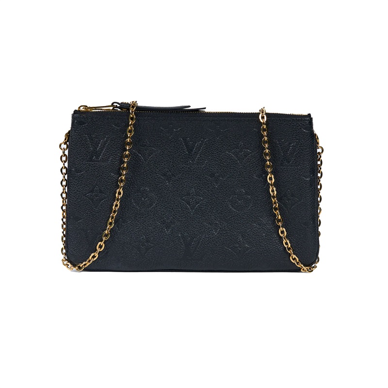 路易威登 LOUIS VUITTON Double Zip Pochette 牛皮 多夾層手拿 斜背包 M68568 黑壓紋雙繩鏈帶包 防塵袋