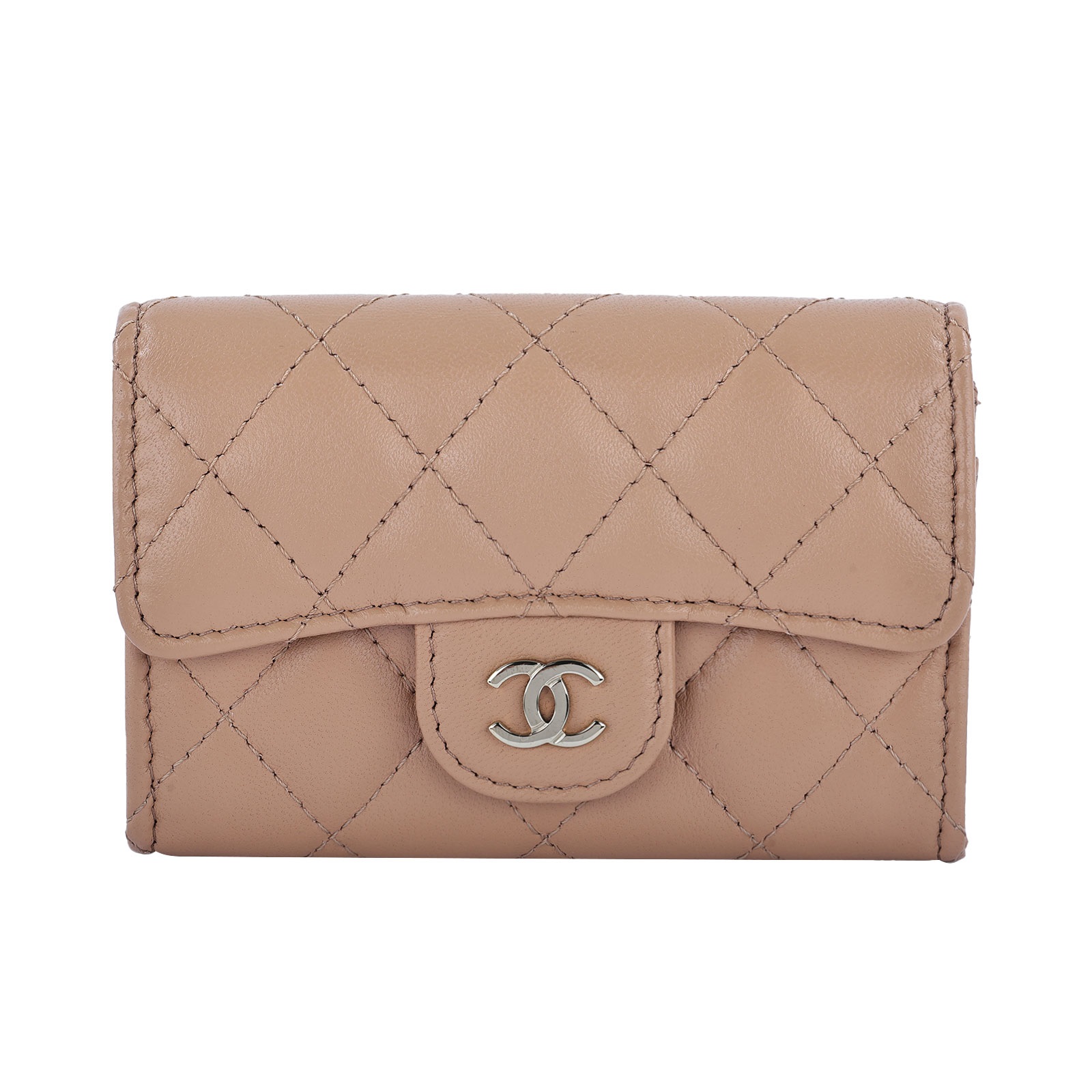 香奈兒 CHANEL 菱格 荔枝紋 LOGO 中夾  奶茶羊皮雙層卡包 原廠盒子/防塵袋