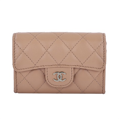 香奈兒 CHANEL 菱格 荔枝紋 LOGO 中夾  奶茶羊皮雙層卡包 原廠盒子/防塵袋