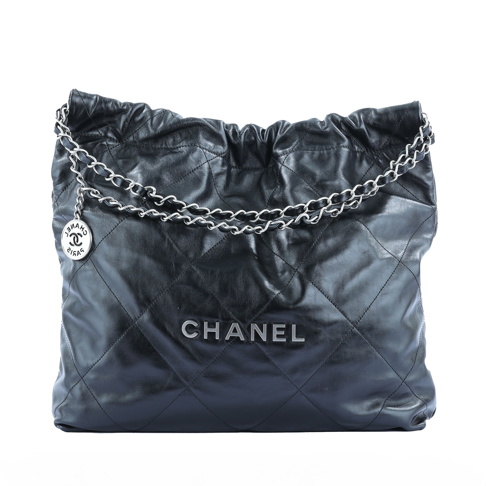 香奈兒 CHANEL 22 中型 束口包 AS3261 晶片款 黑銀 22 包 中號 防塵袋