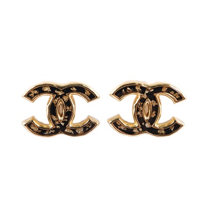 香奈兒 CHANEL 耳釘 L23 C 金邊黑壓克力雙C耳環 原廠盒子/防塵袋