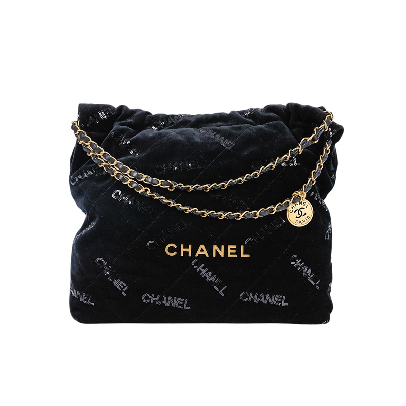 香奈兒 CHANEL 22 中型 束口包 AS3261 晶片款 黑絲絨亮片22包  中號 防塵袋