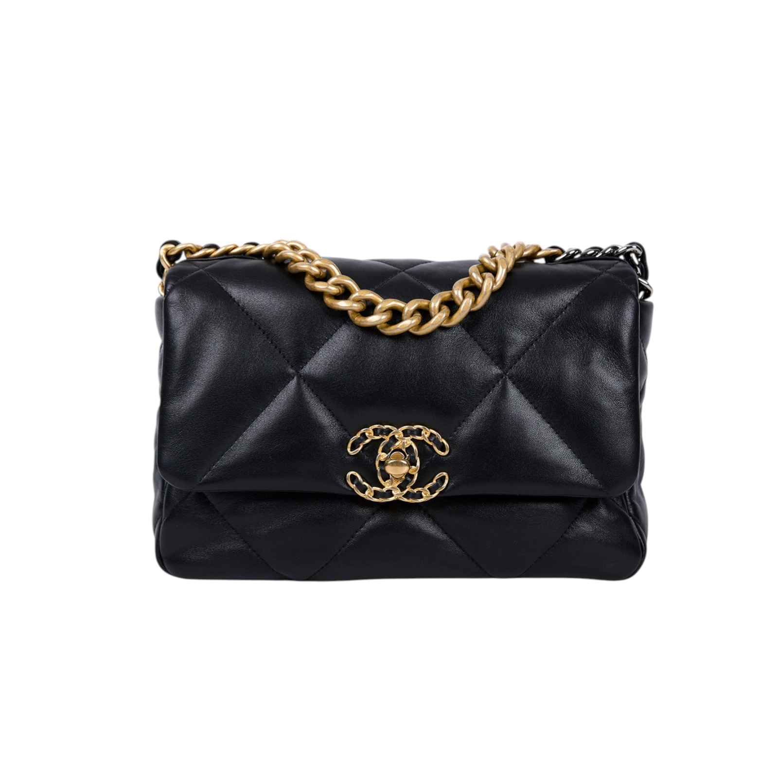 香奈兒 CHANEL 19 口蓋包 菱格紋 金銀鍊帶 手提 肩背包 AS1160 黑金羊19包 26CM 無附屬品