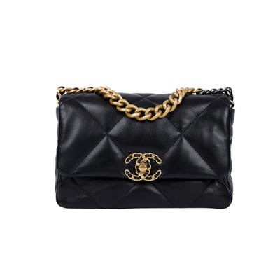 香奈兒 CHANEL 19 口蓋包 菱格紋 金銀鍊帶 手提 肩背包 AS1160 黑金羊19包 26CM 無附屬品