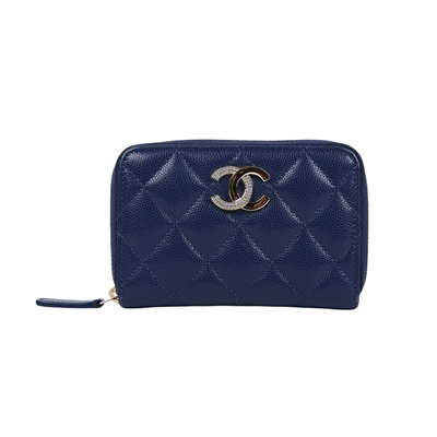 香奈兒 CHANEL 菱格紋 荔枝皮 小牛皮 零錢夾 AP4177 晶片款 藍半鑽雙C零錢卡包 原廠盒子/防塵袋/購買證明