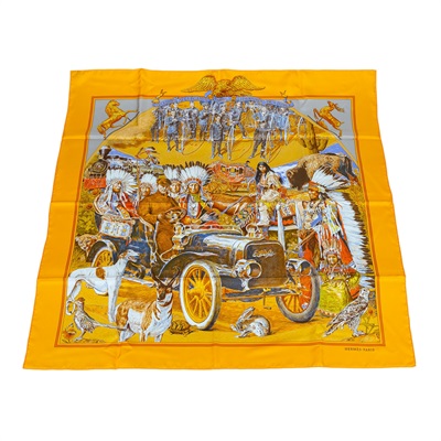 愛馬仕 Hermès Stately Wheels scarf 90 絲巾   黃印地安絲巾9090 原廠盒子