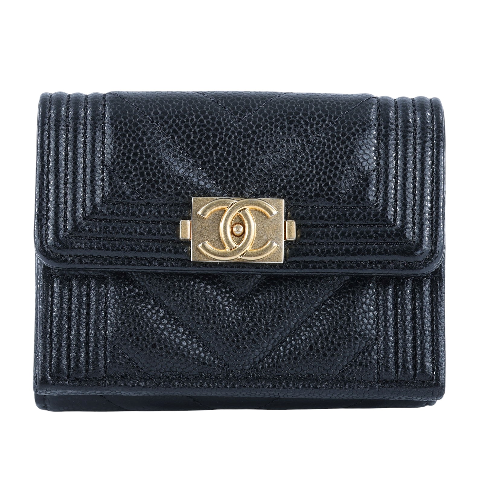 香奈兒 CHANEL Boy 錢包 三摺 短夾  晶片款 黑BOY三折山型紋短夾 防塵袋