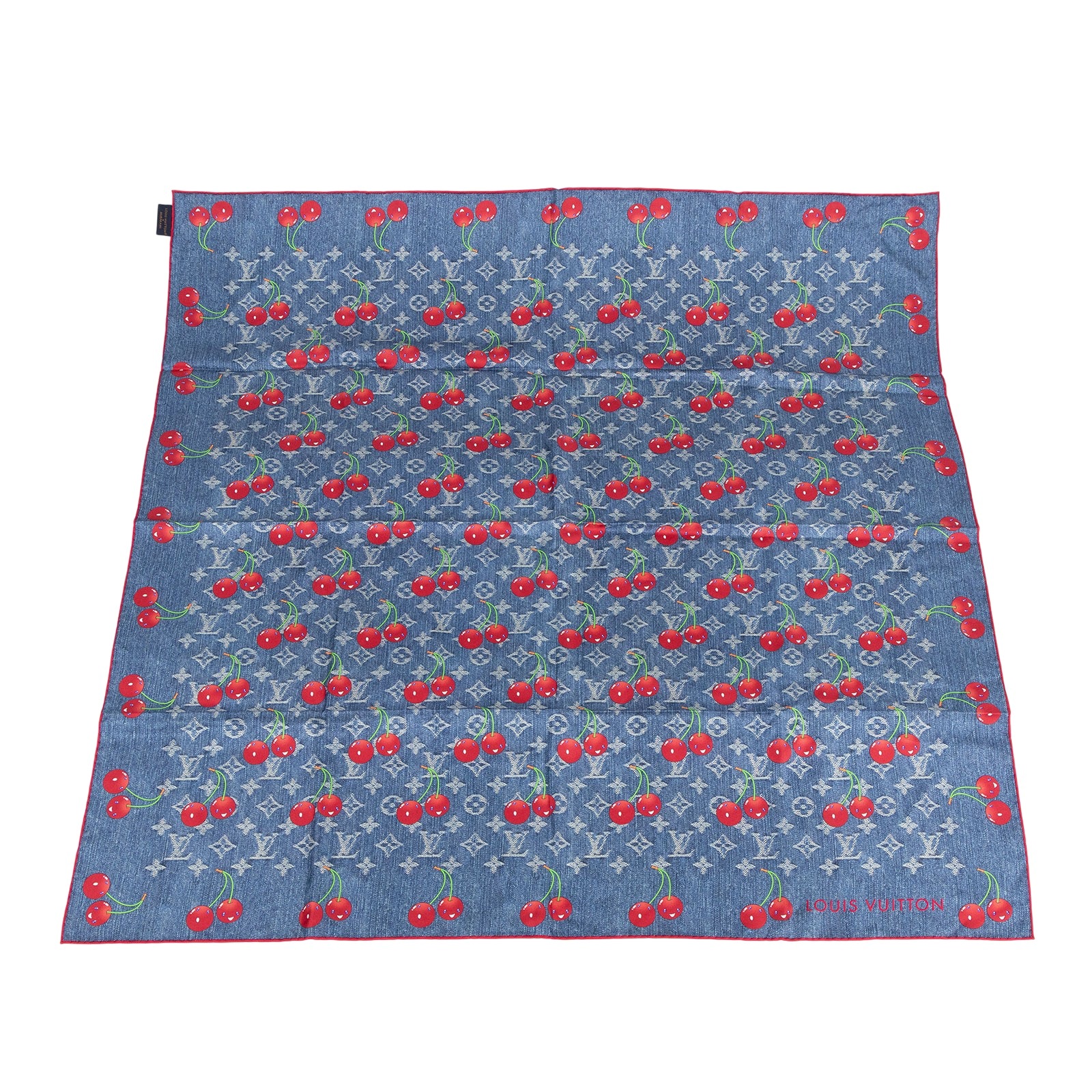路易威登 LOUIS VUITTON Denim Cerise Square 90方巾 黑色 村上隆聯名 M96389 牛仔櫻桃印花絲巾 90CM 無附屬品