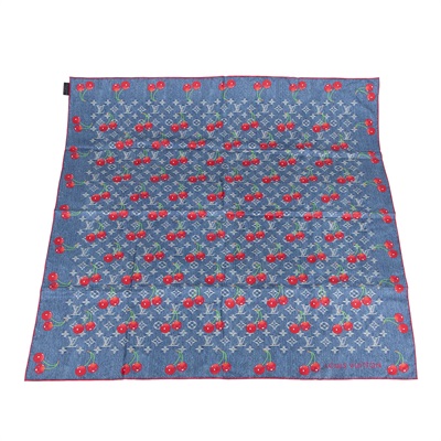 路易威登 LOUIS VUITTON Denim Cerise Square 90方巾 黑色 村上隆聯名 M96389 牛仔櫻桃印花絲巾 90CM 無附屬品