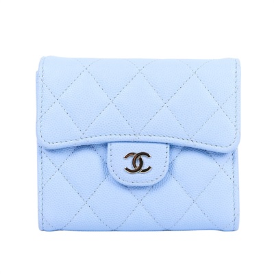 香奈兒 CHANEL 經典 小型 口蓋 皮夾 小牛皮 短夾  AP0231 Y33352 晶片款 寶寶藍荔枝三折短夾 原廠盒子/防塵袋/購買證明