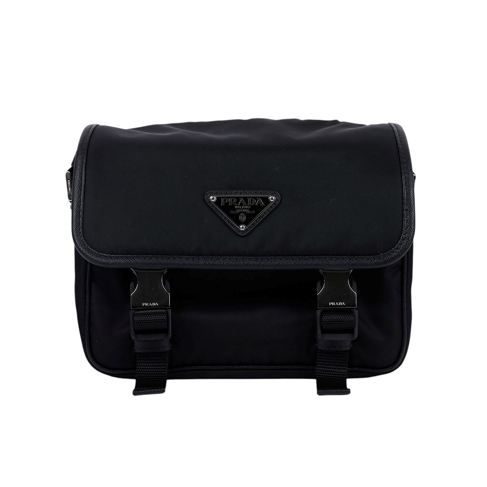 普拉達 PRADA Re-Nylon Saffiano 皮革肩背袋 2VD034_2DMH 黑尼龍掀蓋郵差包 無附屬品