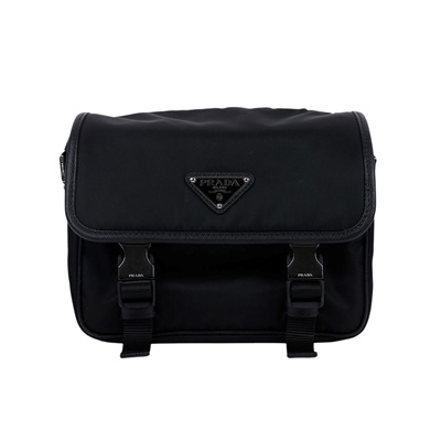普拉達 PRADA Re-Nylon Saffiano 皮革肩背袋 2VD034_2DMH 黑尼龍掀蓋郵差包 無附屬品