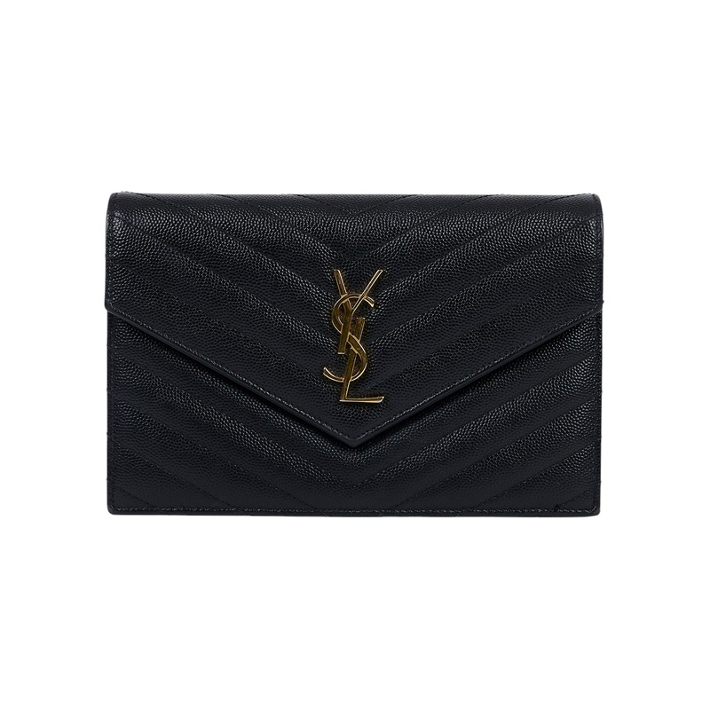 聖羅蘭 YSL SAINT LAURENT 山形紋 鏈袋 信封包 金扣 393953BOW01 黑金魚子醬WOC 防塵袋