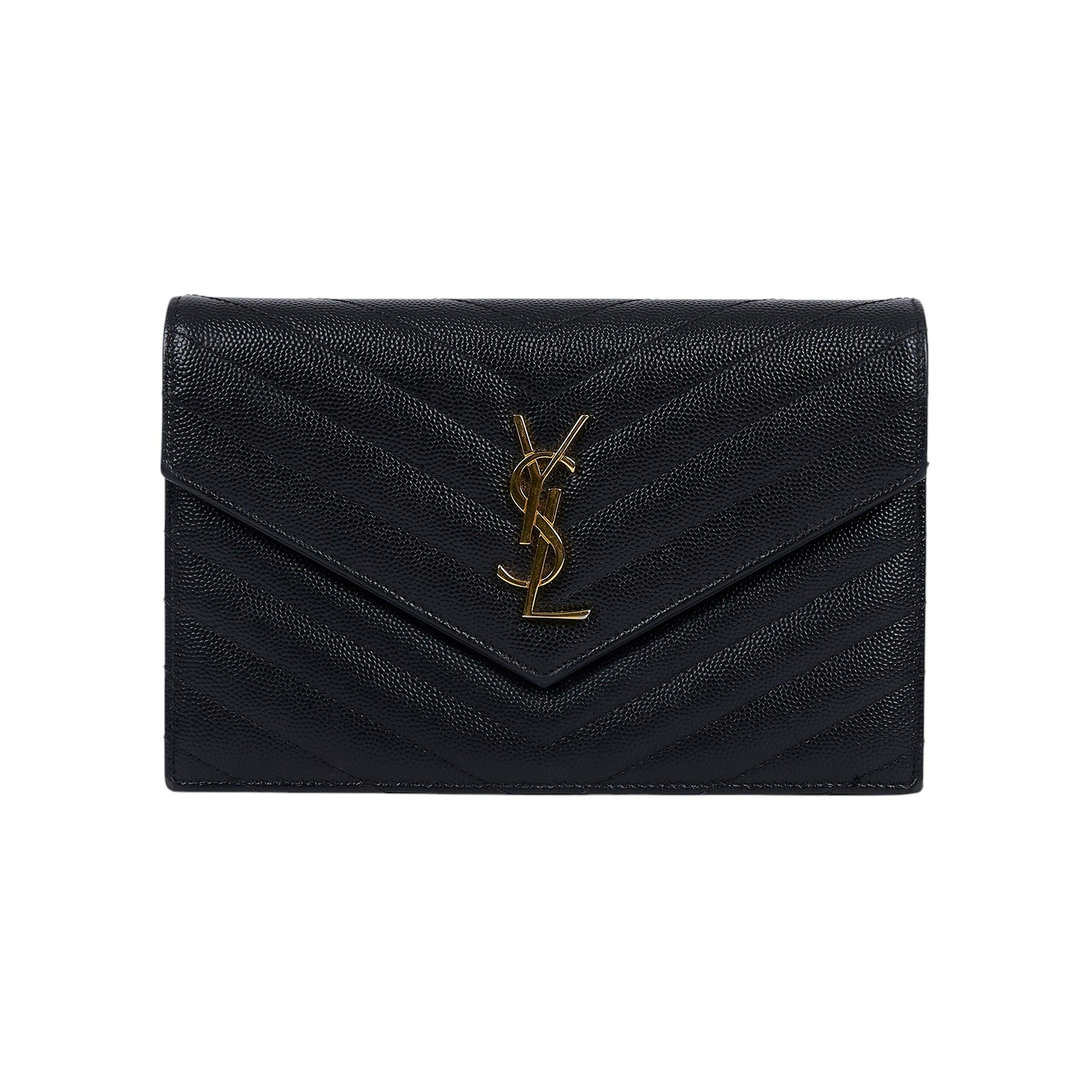 聖羅蘭 YSL SAINT LAURENT 山形紋 鏈袋 信封包 金扣 393953BOW01 黑金魚子醬WOC 防塵袋