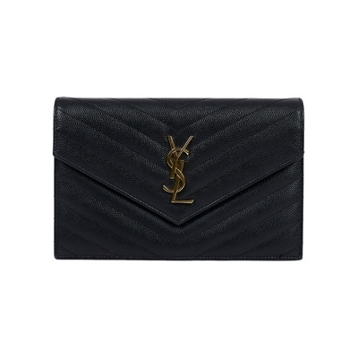 聖羅蘭 YSL SAINT LAURENT 山形紋 鏈袋 信封包 金扣 393953BOW01 黑金魚子醬WOC 防塵袋