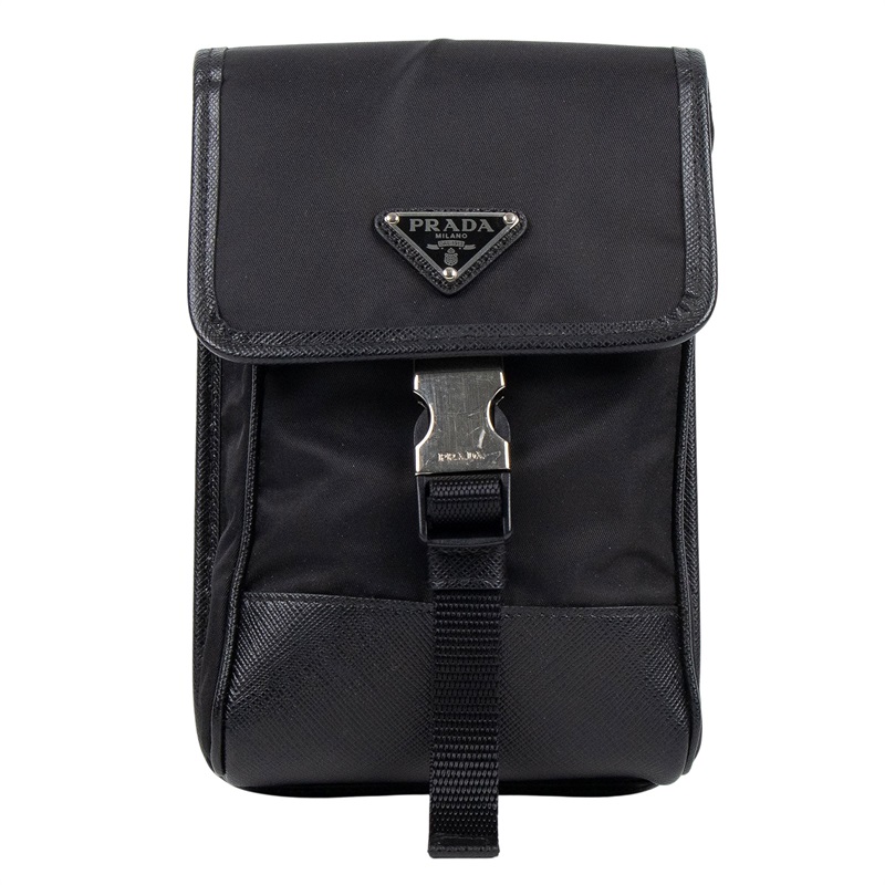 普拉達 PRADA Re-Nylon Saffiano 皮革 智慧型手機 保護套 2ZH109_2DMH 黑尼龍手機包 原廠盒子/保證卡