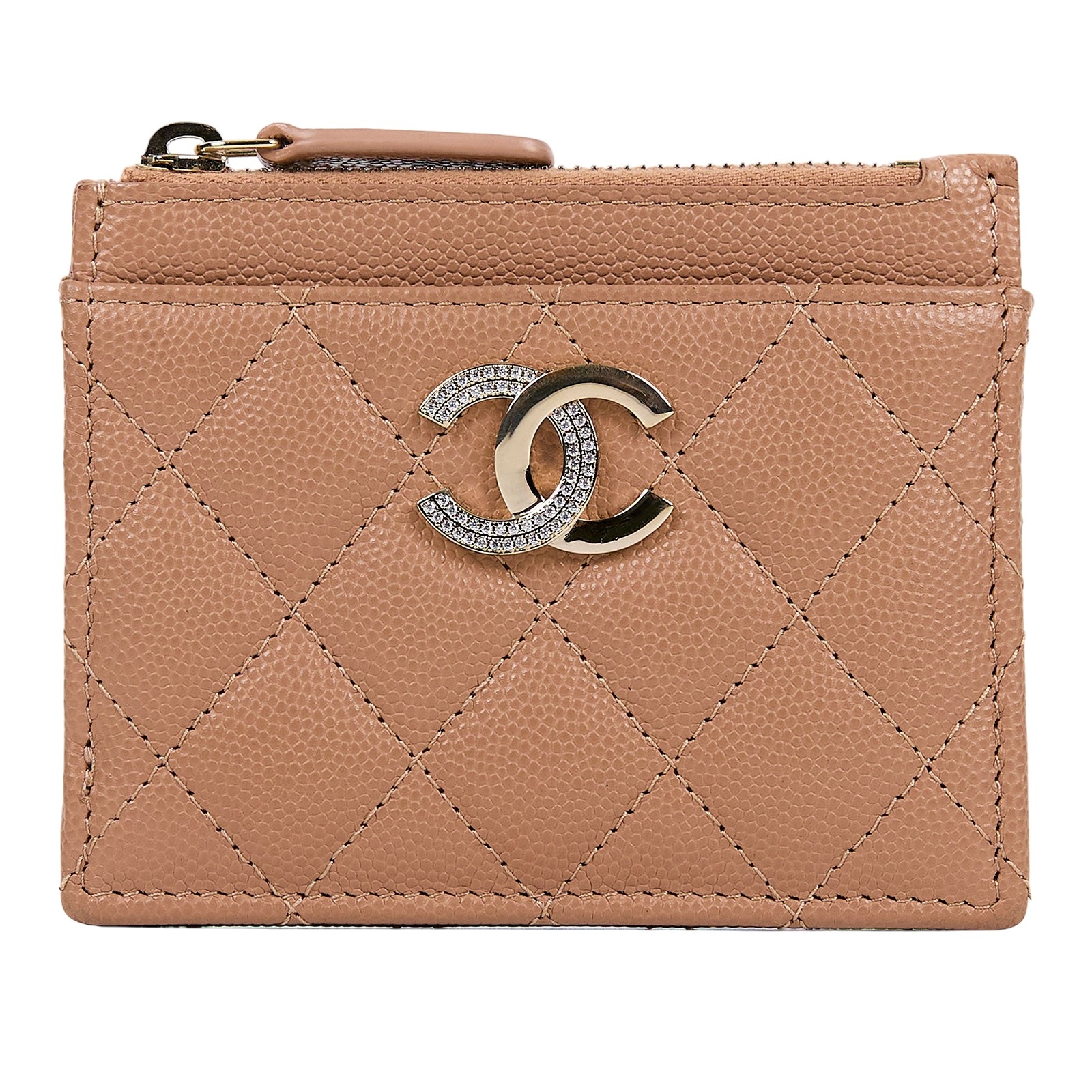 香奈兒 CHANEL 拉鍊 零錢包 卡片夾  晶片款 奶茶色水鑽雙C卡包 原廠盒子/防塵袋