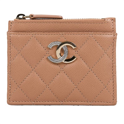 香奈兒 CHANEL 拉鍊 零錢包 卡片夾  晶片款 奶茶色水鑽雙C卡包 原廠盒子/防塵袋