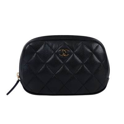 香奈兒 CHANEL 荔枝皮 拉鍊 化妝包 A80909 晶片款 黑金荔枝化妝包 原廠盒子/防塵袋