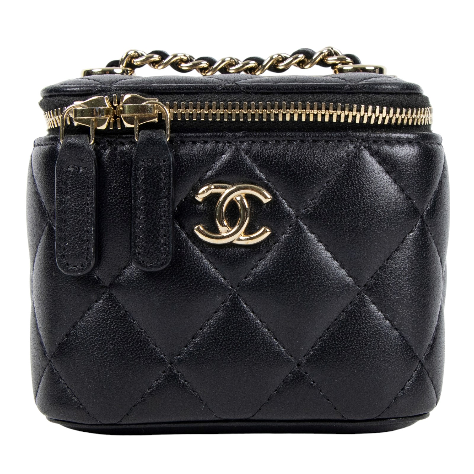 香奈兒 CHANEL mini Vanity 化妝箱 肩背包 皮穿鍊 雙C LOGO  AP1473 Y04059 黑金小VANITY鍊包 原廠盒子/保證卡