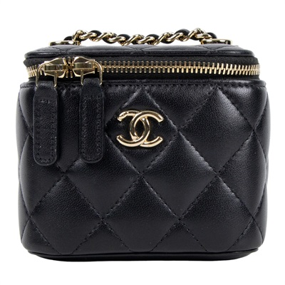 香奈兒 CHANEL mini Vanity 化妝箱 肩背包 皮穿鍊 雙C LOGO  AP1473 Y04059 黑金小VANITY鍊包 原廠盒子/保證卡
