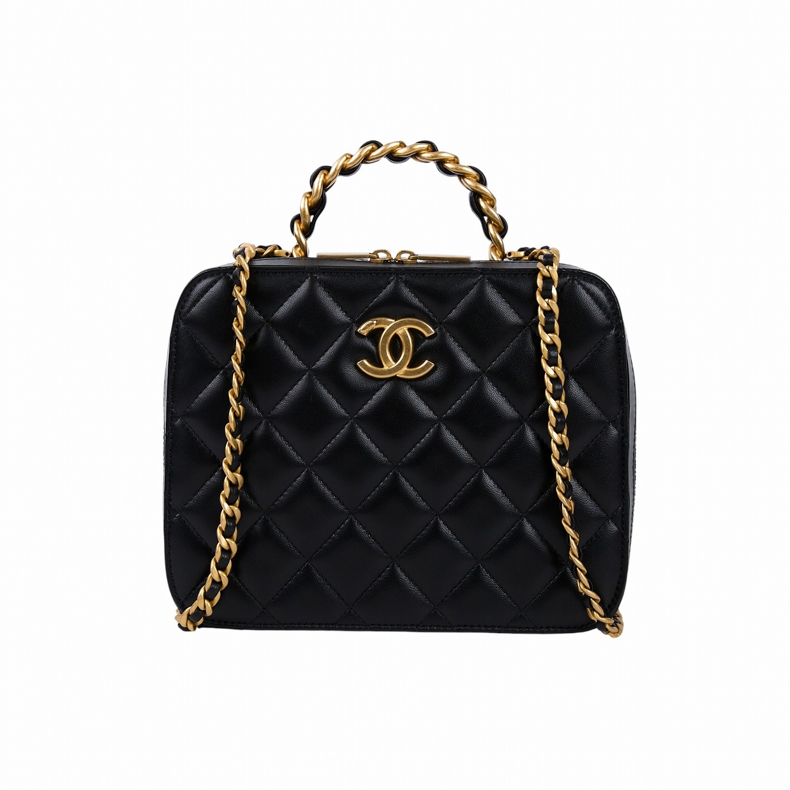香奈兒 CHANEL Matelasse vanity 皮穿鍊手柄 方盒子 肩背包 斜肩包 AS3319 晶片款 黑羊VANITY 2WAY 原廠盒子/防塵袋
