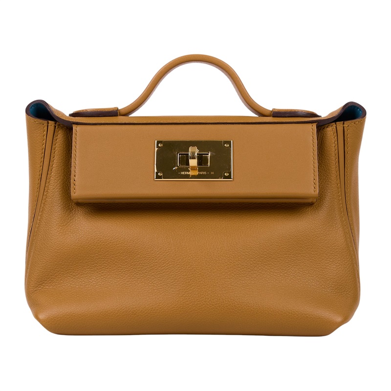 愛馬仕 Hermes 24/24 21 Mini 手提包 金色五金 焦糖色 牛仔藍 H082817CCAQ /B刻  原廠盒子/防塵袋/購買證明