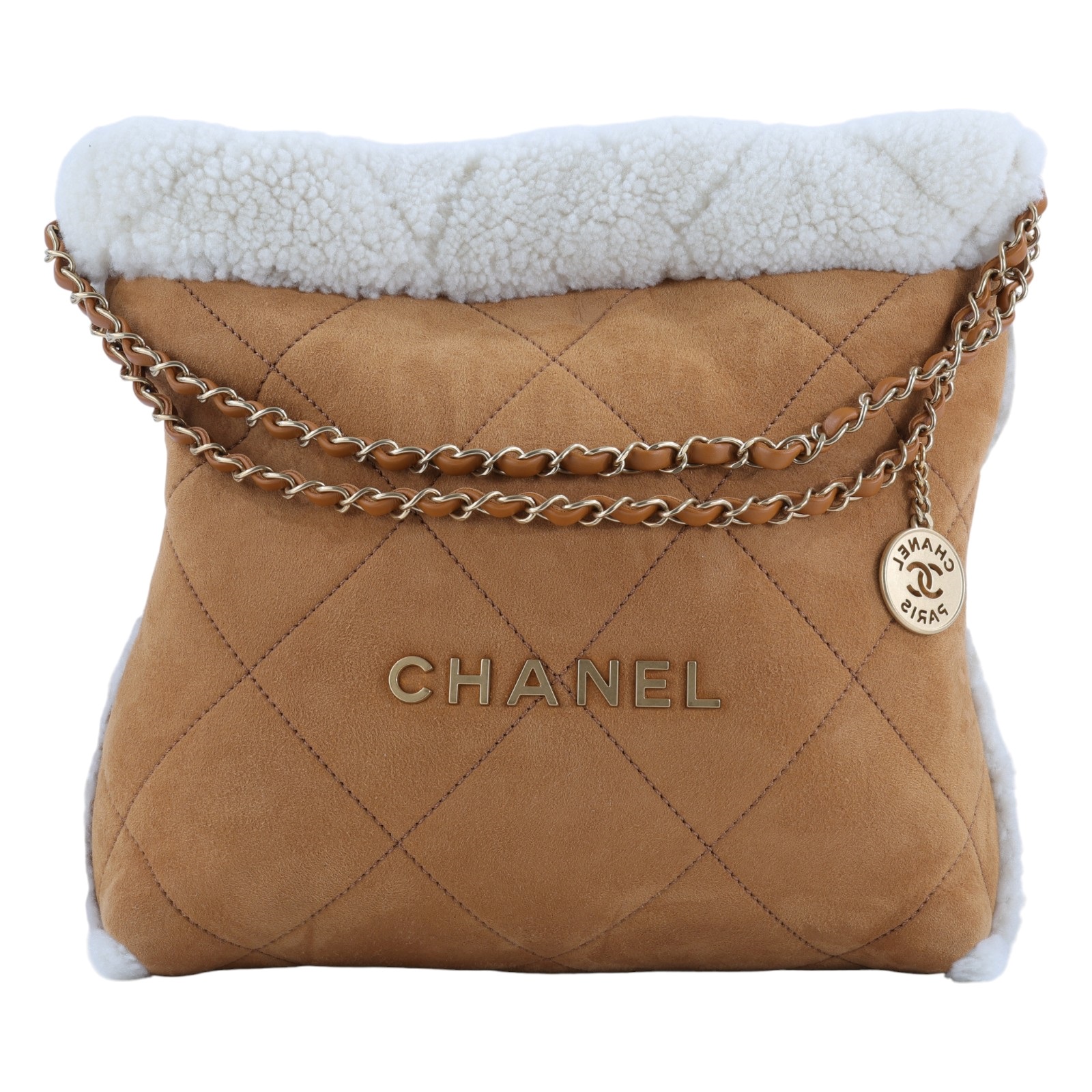 香奈兒 CHANEL 22 小型 束口包 AS3260 B13796 晶片款 咖麂皮泰迪22包  小號 防塵袋