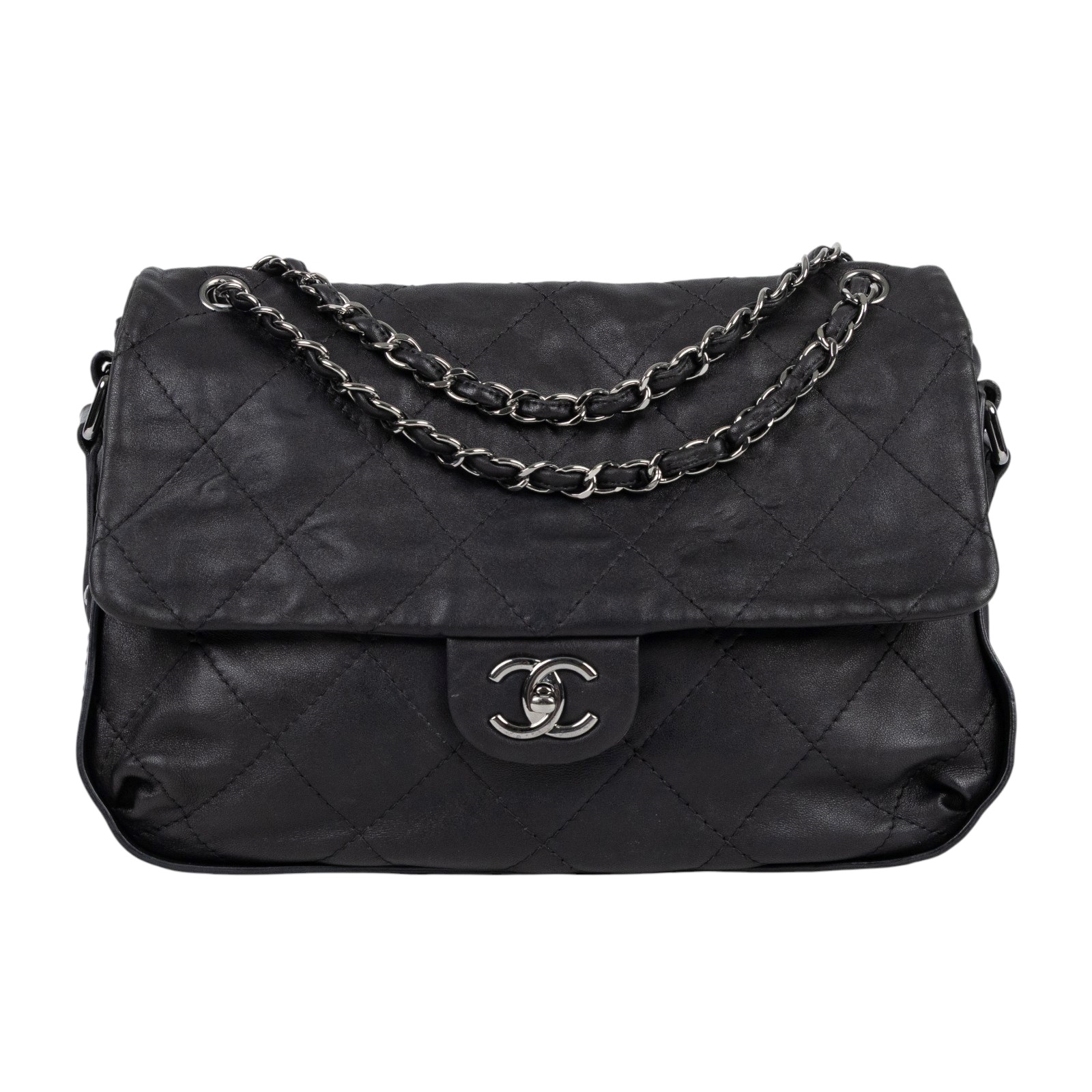 香奈兒 CHANEL 鏈帶 翻蓋包  15開黑銀羊翻蓋鍊包 無附屬品