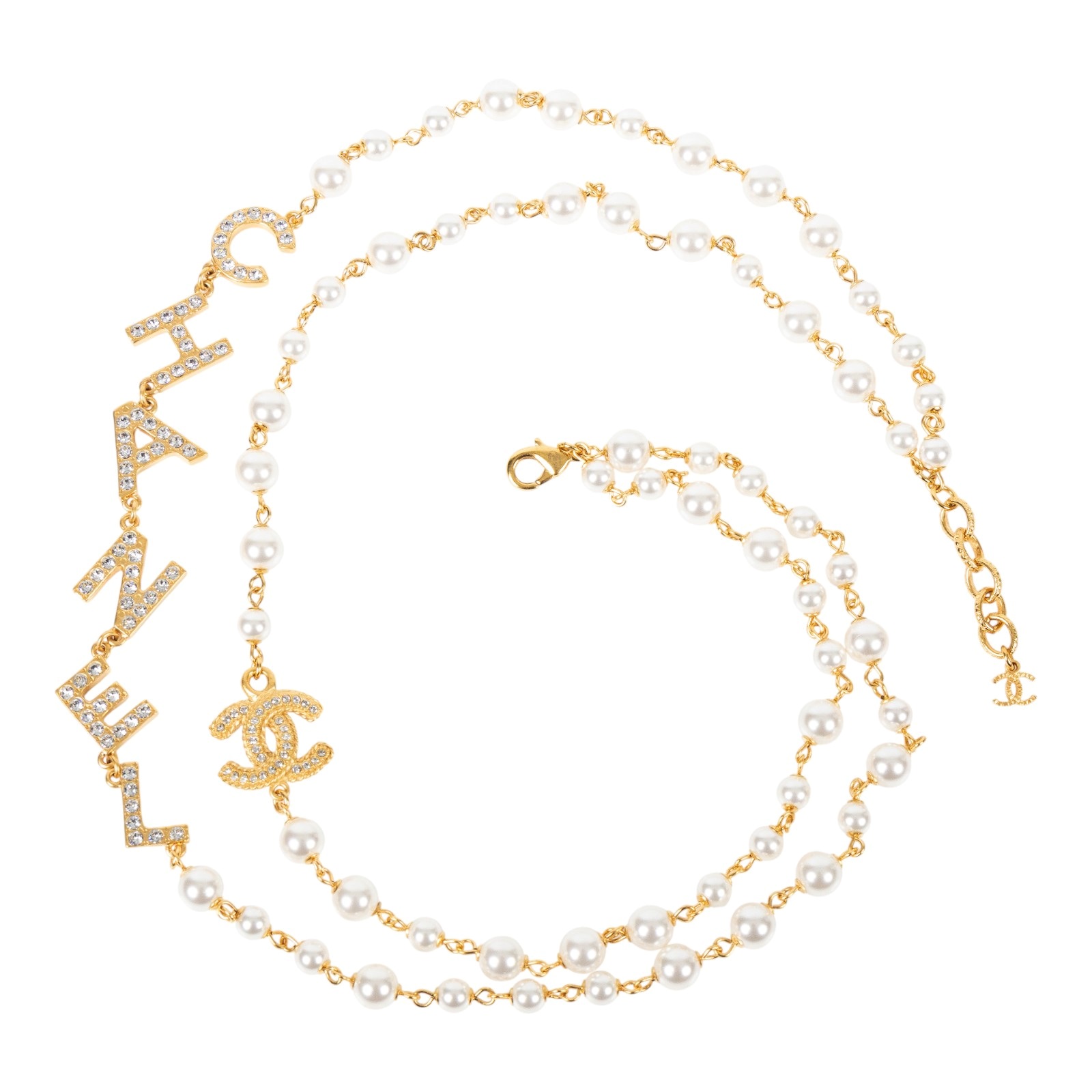 香奈兒 CHANEL CC LOGO 水鑽 項鍊 B20P 金色水鑽LOGO珍珠項鍊 無附屬品