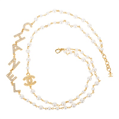 香奈兒 CHANEL CC LOGO 水鑽 項鍊 B20P 金色水鑽LOGO珍珠項鍊 無附屬品
