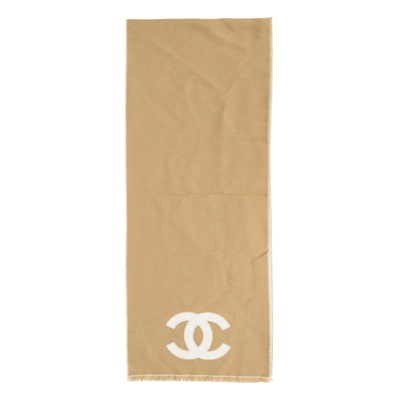 香奈兒 CHANEL CC LOGO 圍巾  淺咖雙C圍巾 無附屬品