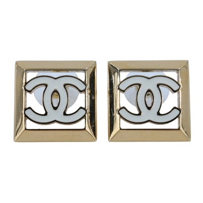 香奈兒 CHANEL CC LOGO 耳環 耳釘 B24 A 白雙方框耳環 原廠盒子/內襯