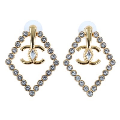 香奈兒 CHANEL CC LOGO 耳環 耳釘 AB9927 B09972L23 C 金色水鑽菱形耳環 原廠盒子/內襯
