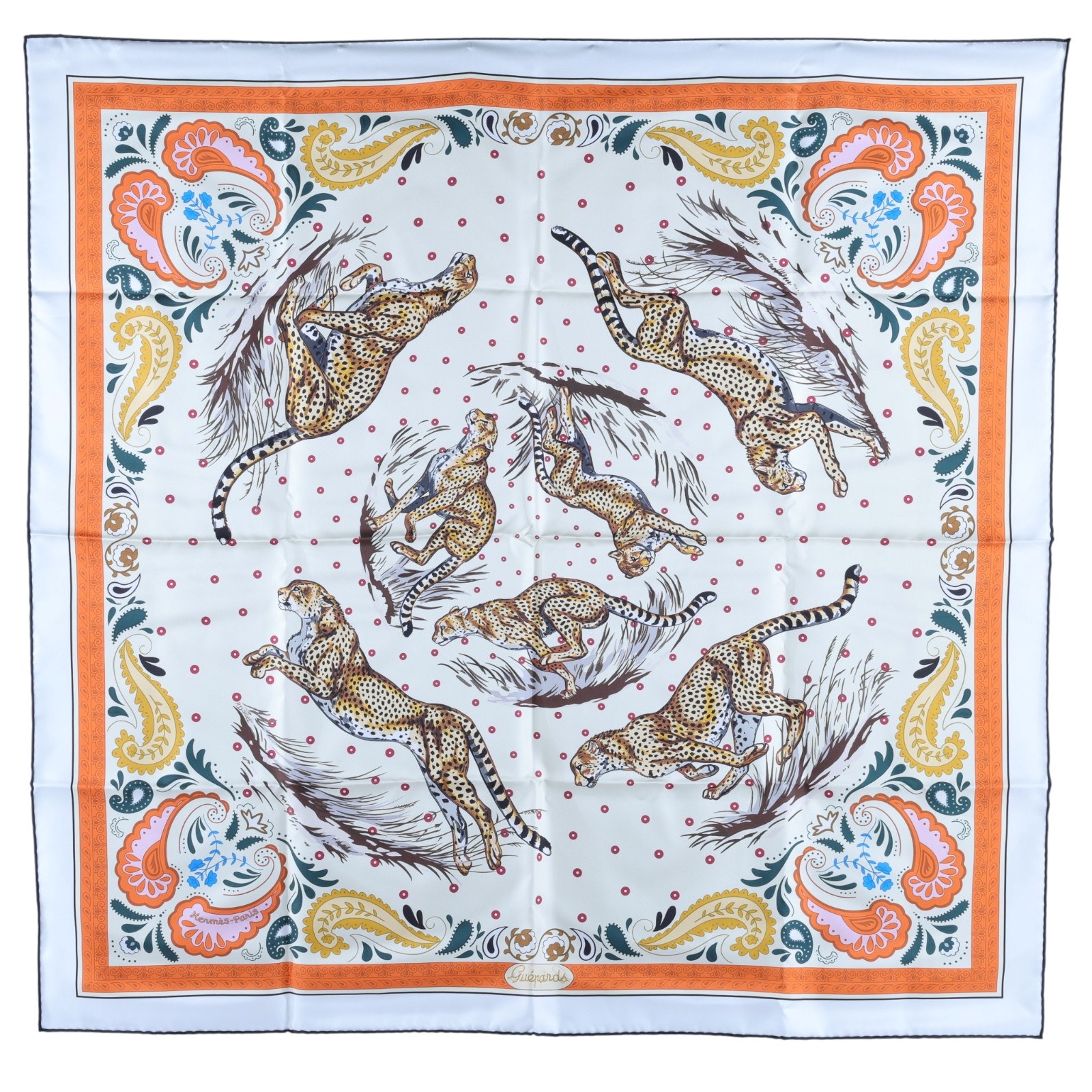 愛馬仕 Hermes Guepards Bandana 90 雙面 方巾 奶油色 橘色 棕色 H904166Sv01  豹紋絲巾 原廠盒子