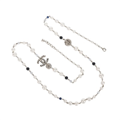 香奈兒 CHANEL CC LOGO 項鍊 AB2465/A19/B 珍珠藍毛呢造型長項鍊 原廠盒子/防塵袋/購買證明