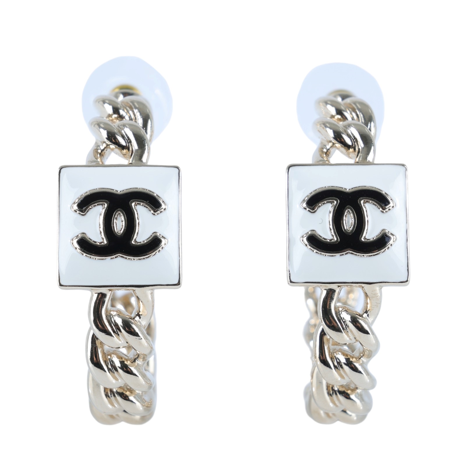香奈兒 CHANEL CC LOGO 耳環 耳釘 B22 A 白方塊鍊圈耳環 無附屬品