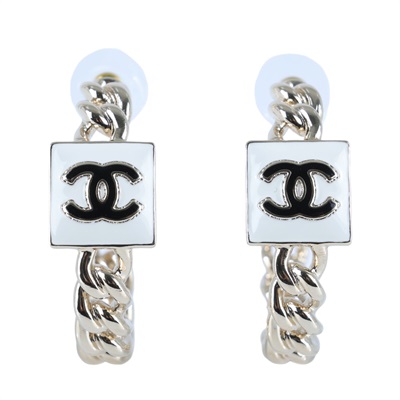 香奈兒 CHANEL CC LOGO 耳環 耳釘 B22 A 白方塊鍊圈耳環 無附屬品