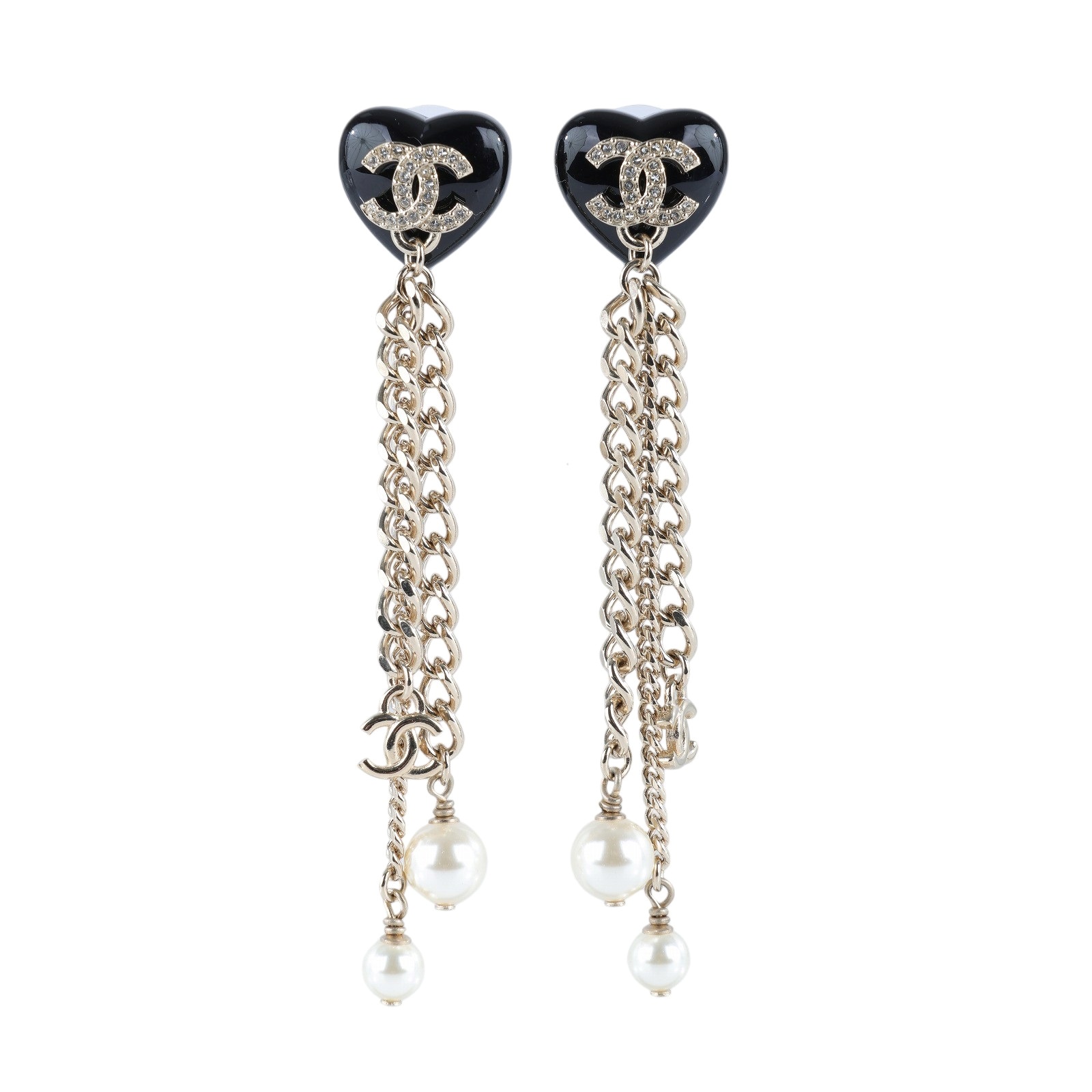 香奈兒 CHANEL CC LOGO 耳環 耳釘 B22 B 黑愛心垂鍊珍珠耳環 無附屬品
