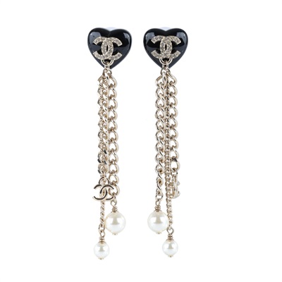 香奈兒 CHANEL CC LOGO 耳環 耳釘 B22 B 黑愛心垂鍊珍珠耳環 無附屬品