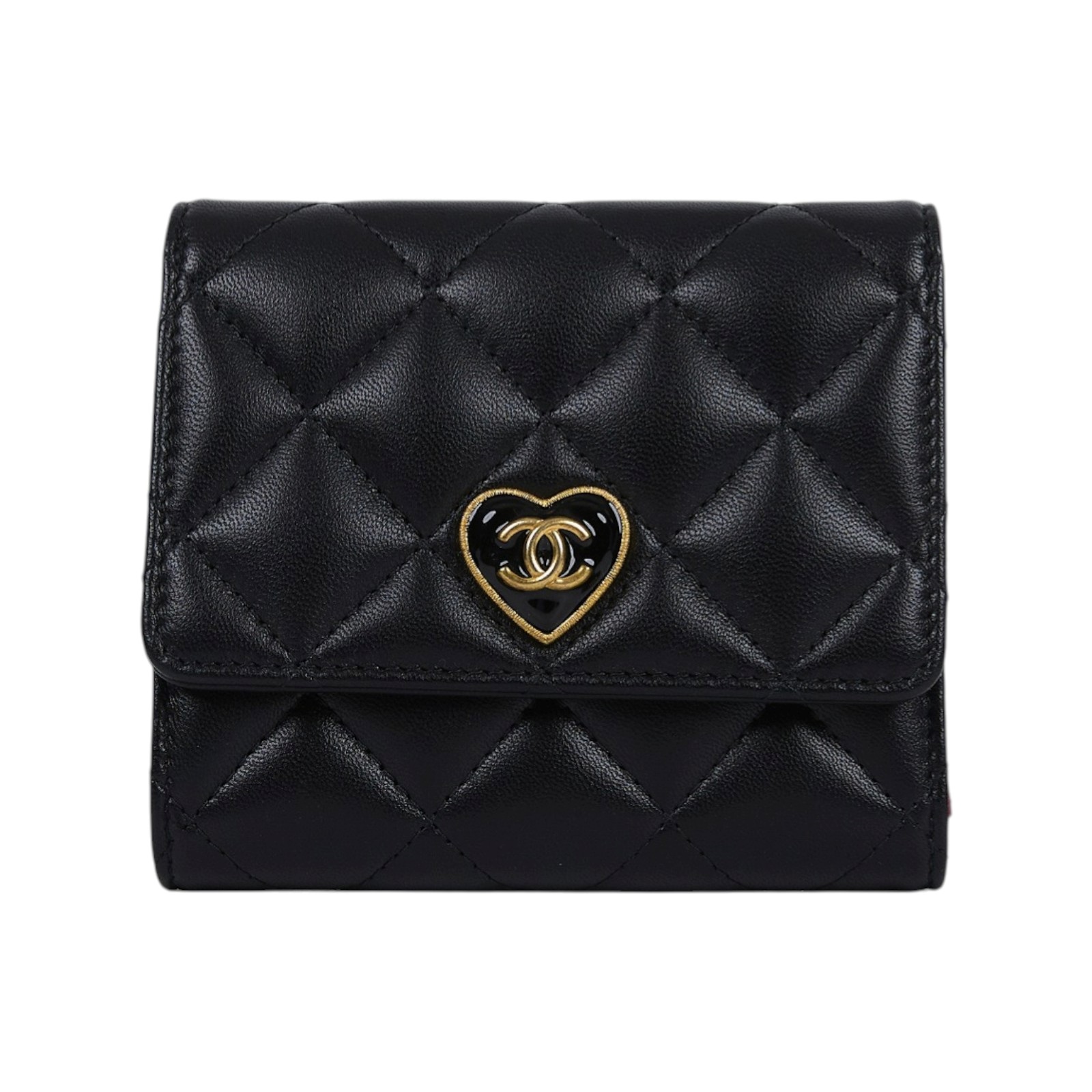 香奈兒 CHANEL CF 錢包 AP3292 B10700 晶片款 黑金羊愛心扣三折短夾 原廠盒子/防塵袋