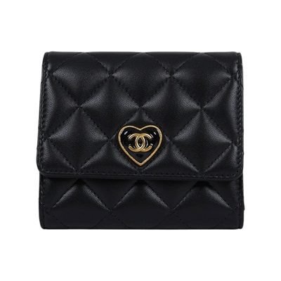 香奈兒 CHANEL CF 錢包 AP3292 B10700 晶片款 黑金羊愛心扣三折短夾 原廠盒子/防塵袋