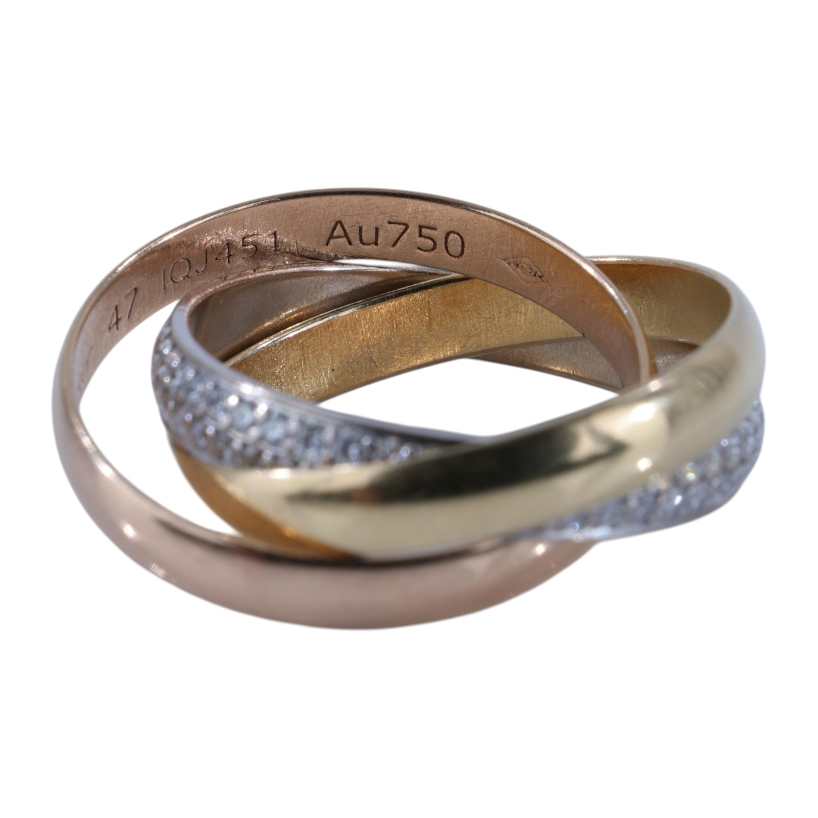 卡地亞 CARTIER Trinity 戒指 小型款 半鋪鑲鑽石 B4235947 TRINITY三環鑽圈戒指 #47 原廠盒子/保證卡