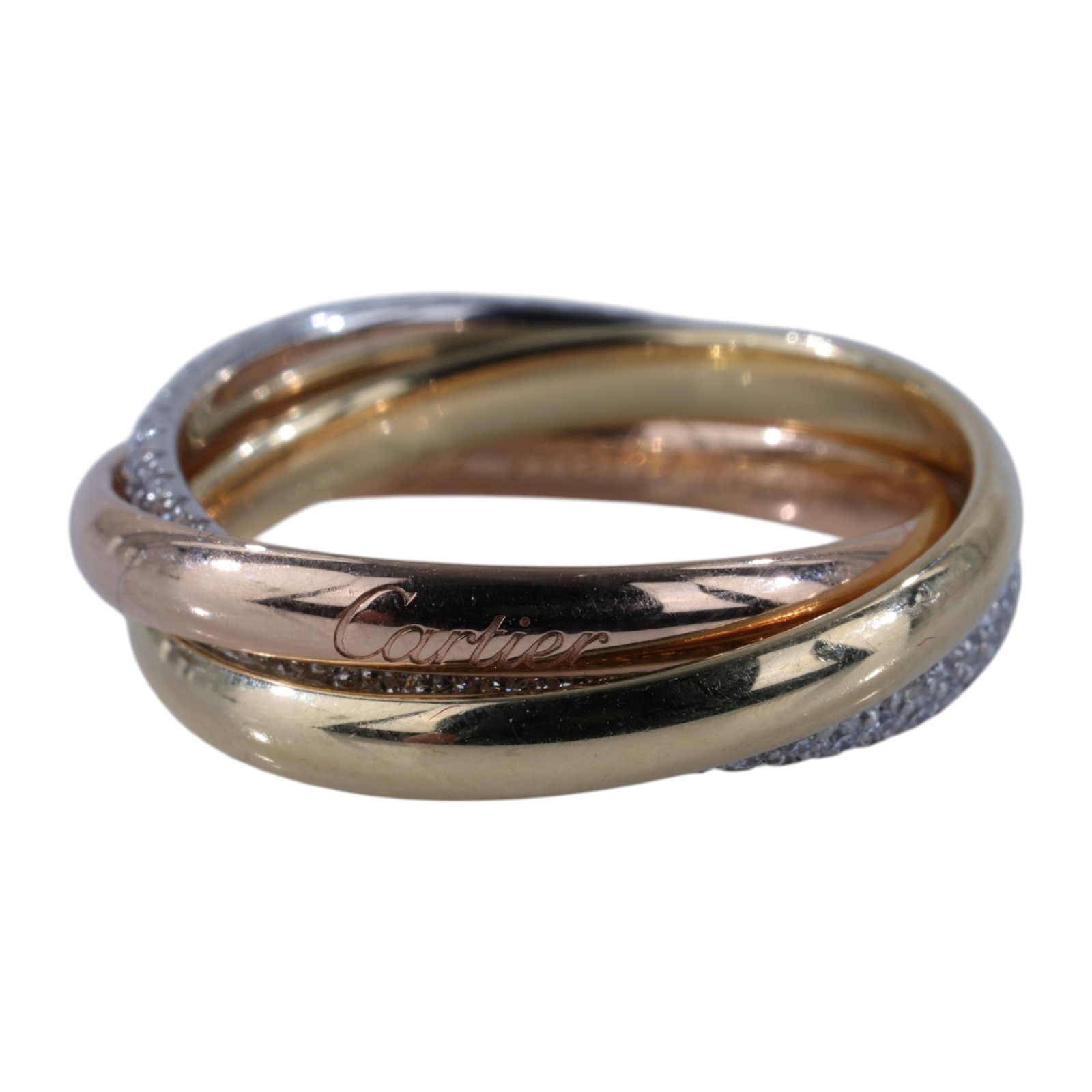 卡地亞 CARTIER Trinity 戒指 小型款 半鋪鑲鑽石 B4235952 TRINITY三環鑽圈戒指#52 防塵袋/原廠盒子2/購買證明