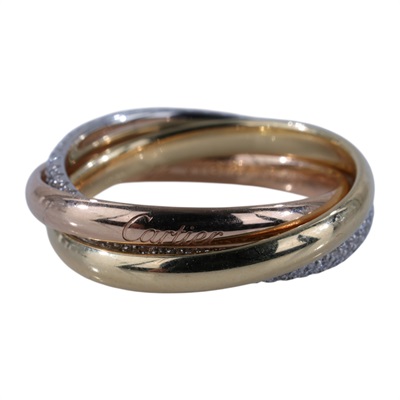 卡地亞 CARTIER Trinity 戒指 小型款 半鋪鑲鑽石 B4235952 TRINITY三環鑽圈戒指#52 防塵袋/原廠盒子2/購買證明