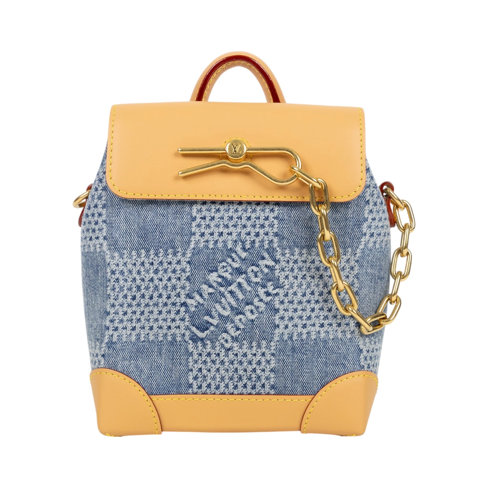 路易威登 LOUIS VUITTON Nano Steamer 斜背包 N40751 晶片款 藍色格子丹甯牛仔迷你小書包 防塵袋