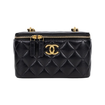 香奈兒 CHANEL Vanity Case Handle 斜背 手提 化妝箱  晶片款 黑金長盒子VANITY 防塵袋/原廠盒子