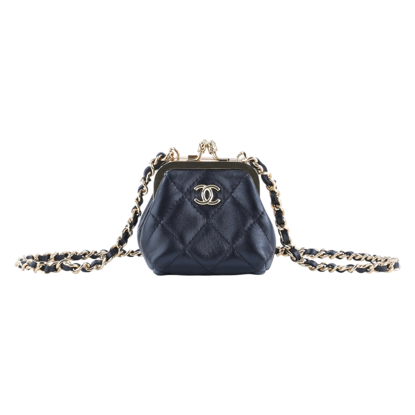 香奈兒 CHANEL 雙口金包  晶片款 黑金雙口小斜背包 原廠盒子/防塵袋