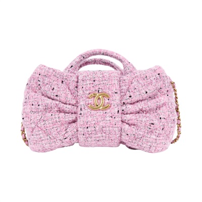 香奈兒 CHANEL 25K Coco Mark 手提包 肩背包 AS5849 晶片款 粉色毛呢蝴蝶結包 防塵袋